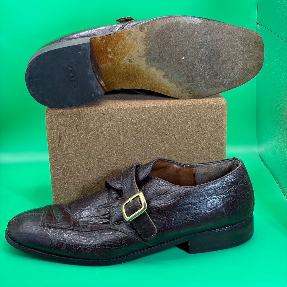 VTG Marco Vicci Monk Strap Leather Loafers Mens 8.5 M Brown Crocodile Dress Shoe